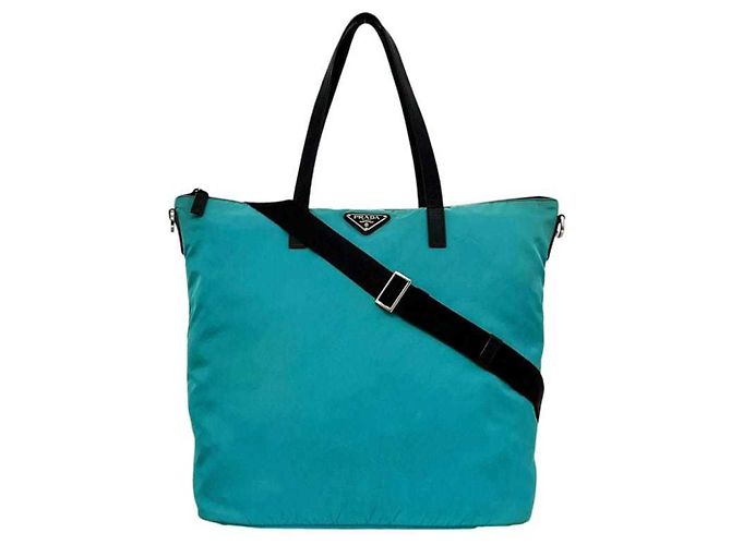Saco Tote Prada em nylon azul claro e couro
