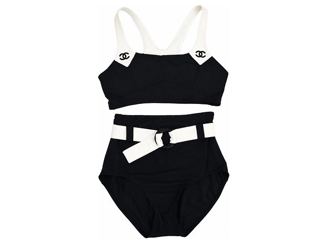 Chanel Costume da Bagno Due Pezzi con Logo CC Nero Bianco