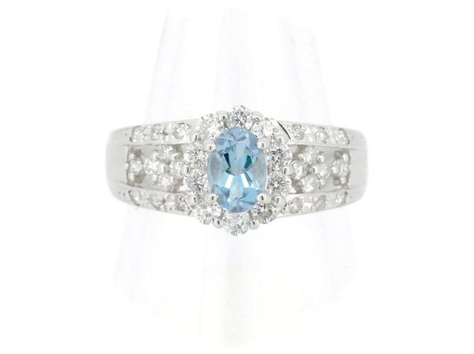 Autre Marque Pt900 Ring mit Aquamarin und Diamant Blau