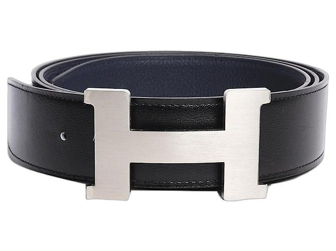 Hermès Black and navy reversible leather H belt