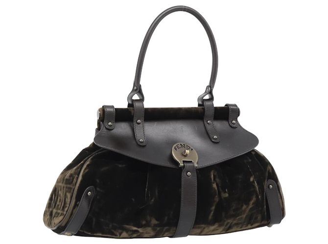 FENDI Hand Bag Velor Brown Gold