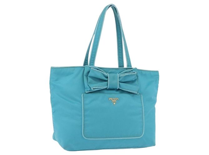PRADA Tote Bag Nylon Turquoise Blue Gold
