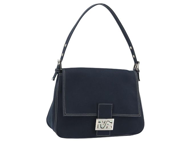 FENDI Mamma Baguette Shoulder Bag Canvas Navy Silver
