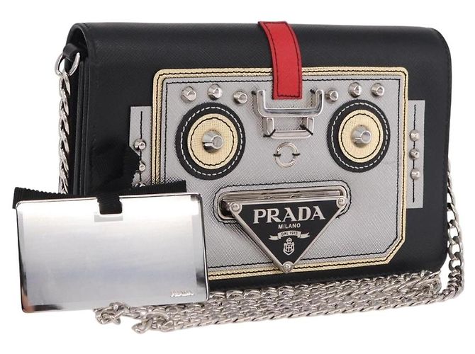 PRADA Bolsa de Ombro Robot Chain Saffiano Black Silver
