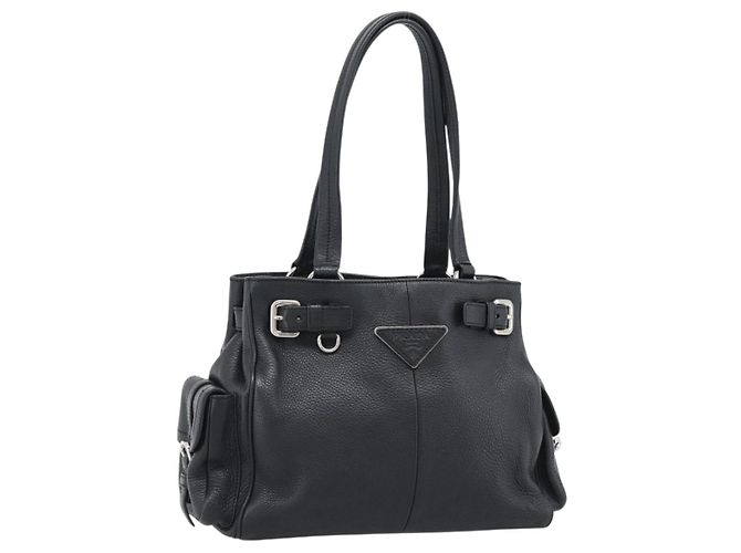 PRADA Tote Bag em couro Vittero Dino Preto Prata