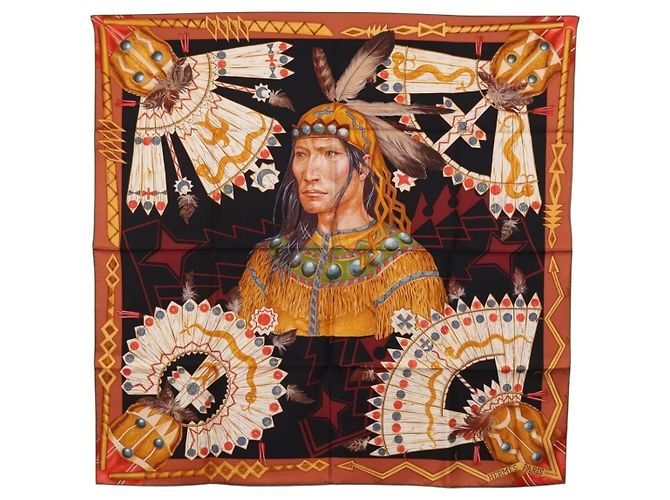 Hermès HERMES Carre90 Scarf Silk  Cosmogonie Apache  Brown Black