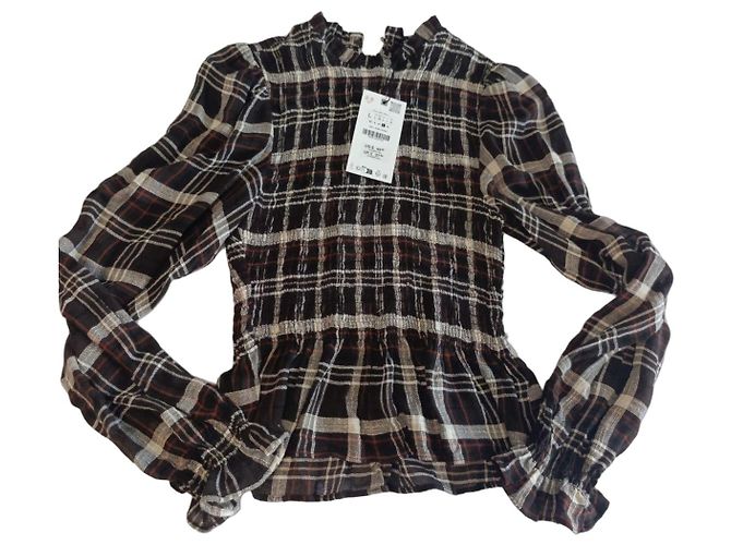 Zara Karomuster Popeline-Bluse Braun Weiß
