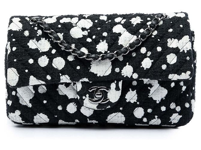 Chanel Black Medium Chevron Tweed Paint Splatter Double Flap Nero