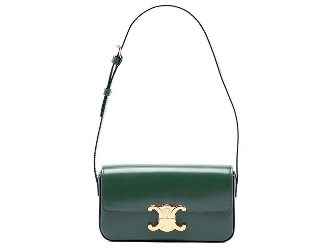 Céline Sac à épaule Celine Claude en cuir de veau brillant vert avec Triomphe