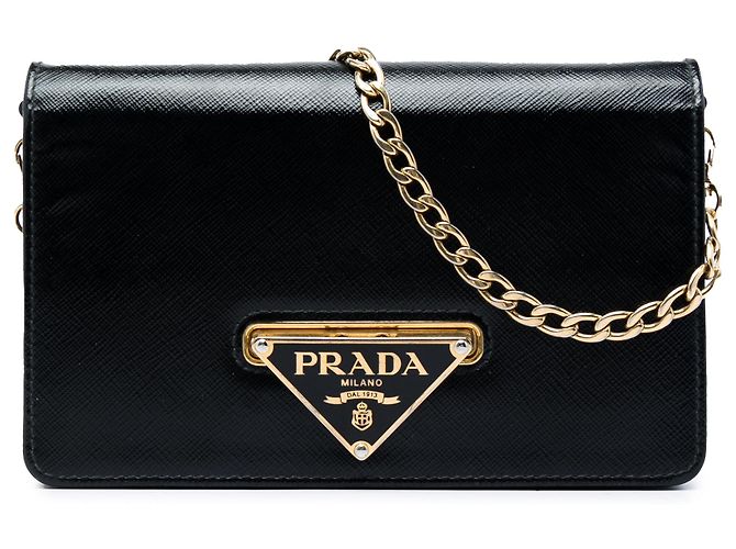Pochette Prada Black Saffiano Vernice avec fermoir et chaîne Noir