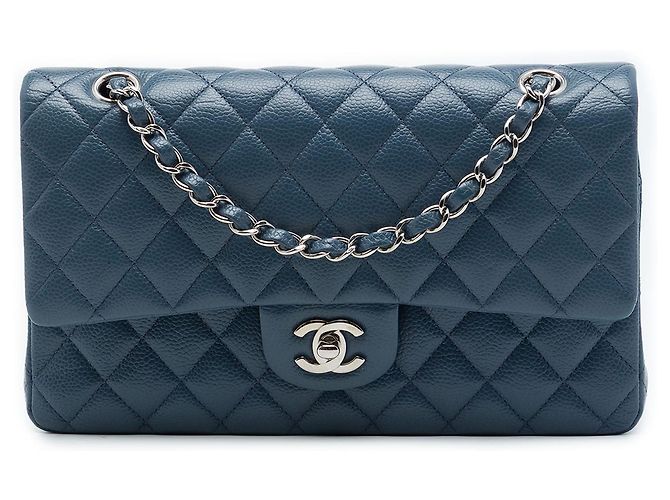 Chanel Blue Medium Classic Caviar Double Flap Azul Azul escuro