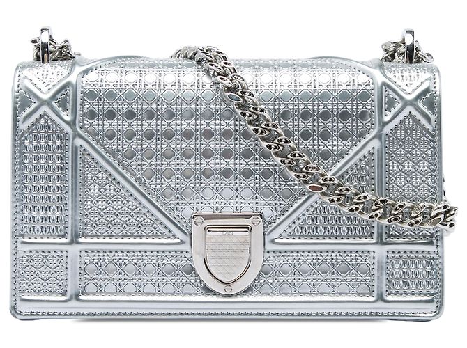 Dior Silver Mini Metallic Patent Microcannage Diorama Flap Plata