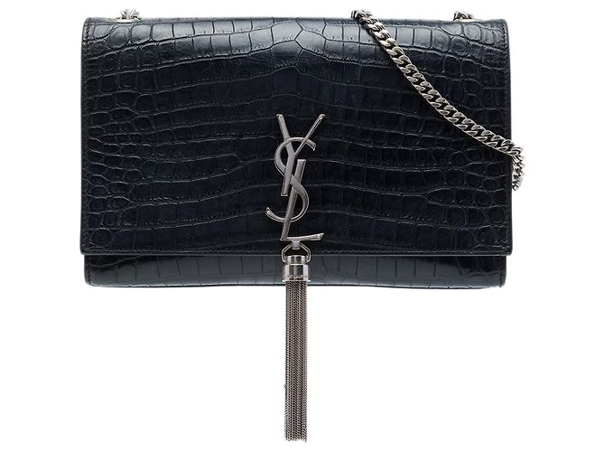 Saint Laurent Borsa a Tracolla Kate Tassel in Pelle Effetto Coccodrillo Nera Medium Monogram Nero