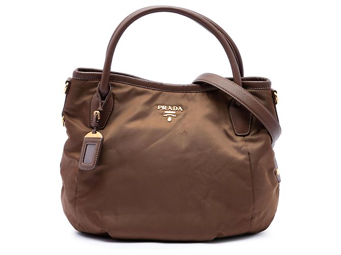Bolsa Satchel Prada em Tessuto com acabamentos em Vitello Daino marrom