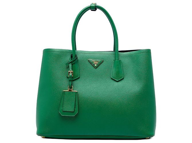 Prada Sac Satchel Double Large en Cuir Saffiano Vert