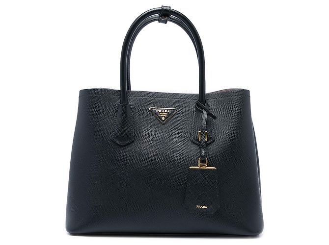 Prada Sac Satchel Double en Cuir Saffiano Noir Medium
