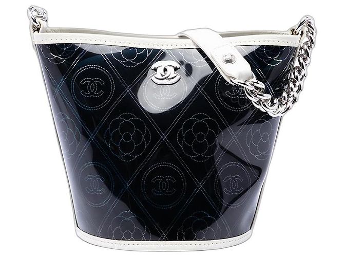 Borsa a secchiello Chanel Coco Camellia Small in PVC nero e vitello stropicciato