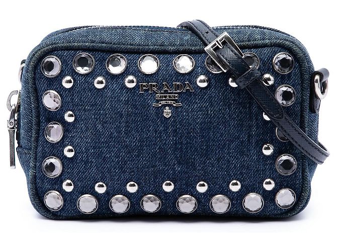 Prada Mini Camera Bag aus blauem Denim mit Borchie Bijoux