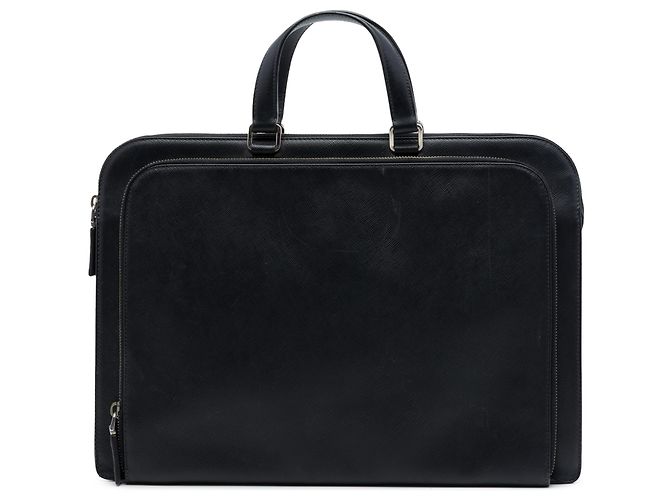 Prada Porte-documents en cuir Saffiano noir avec poche zippée frontale