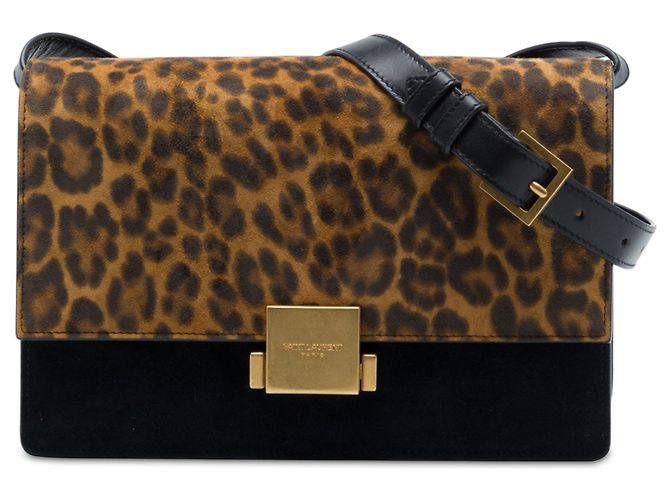 Borsa Bellechasse Saint Laurent in pelle di vitello nera e camoscio leopardato Medium