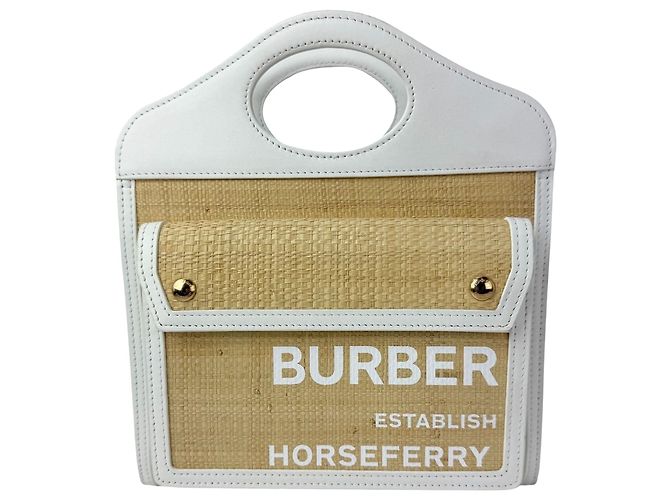 Mini Bolsa Pocket Burberry em Couro Branco e Ráfia Natural