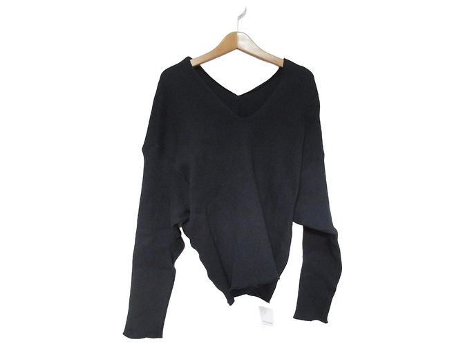 Autre Marque Plage V Neck Rippstrick-Pullover Schwarz