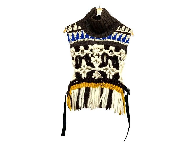 Chaleco de punto con flecos de macramé de lana Sacai Castaño