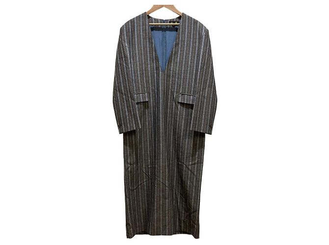 Autre Marque Vestido às riscas em lã, linho e seda Drawer Marrom Branco Azul