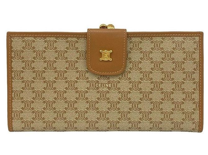 Céline Celine Macadam Leather Long Wallet Brown Beige