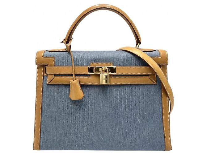 Hermès Borsa Hermes Kelly 32 Denim Marrone Nero Bianco Blu chiaro