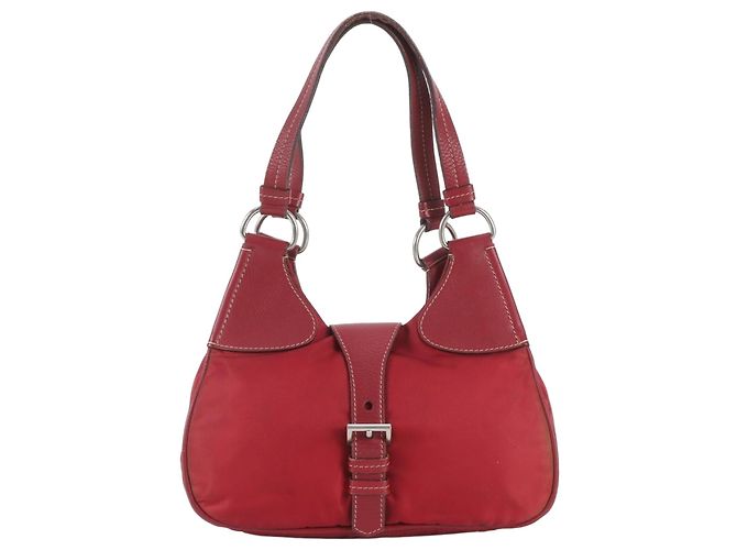 Tote Borsa a tracolla in pelle e nylon Tessuto con logo triangolare Prada Rosso
