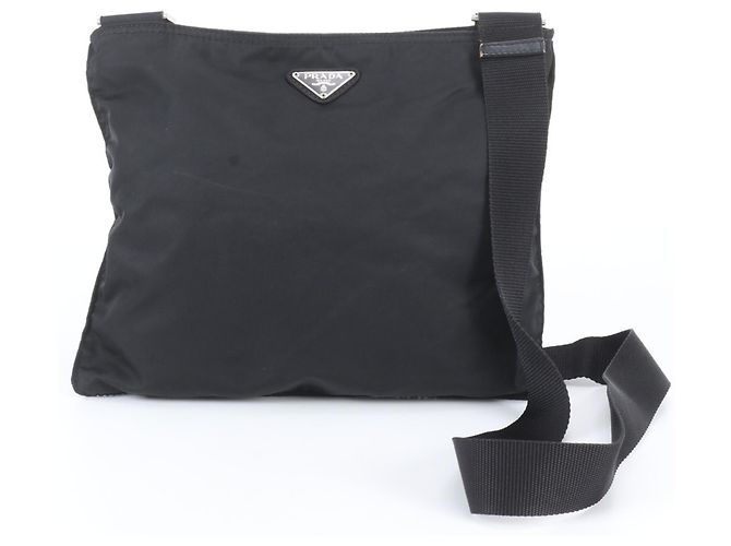 Bolsa de ombro em couro e nylon Tessuto com logo triangular Prada Preto