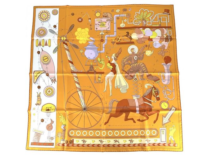Hermès Hermes Carre 90 TEA FOR TWO Pañuelo de Seda Grande Multicolor Naranja