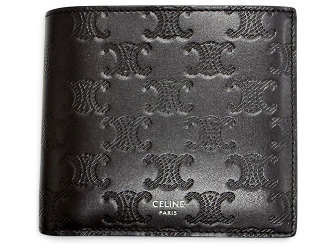 Céline Celine Calfskin Triomphe Embossed Bi-fold Wallet Black