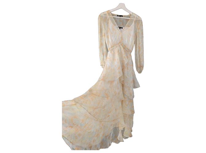 Vestido longo Rufflino Maje com folhos e estampado floral Branco Bege Amarelo Metálico