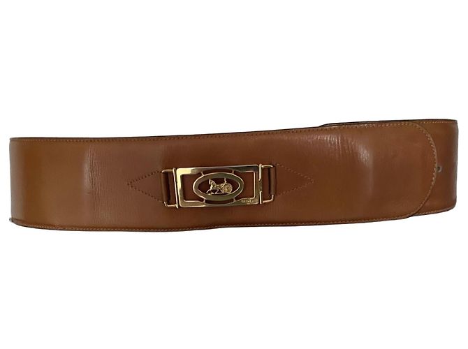 Cinto largo Céline couro castanho fivela dourada logo equestre Marrom