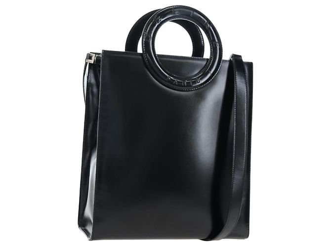 16 Céline Bolsa de mão CELINE com alça circular em couro 2way Preta Prata Auth am12266V Preto