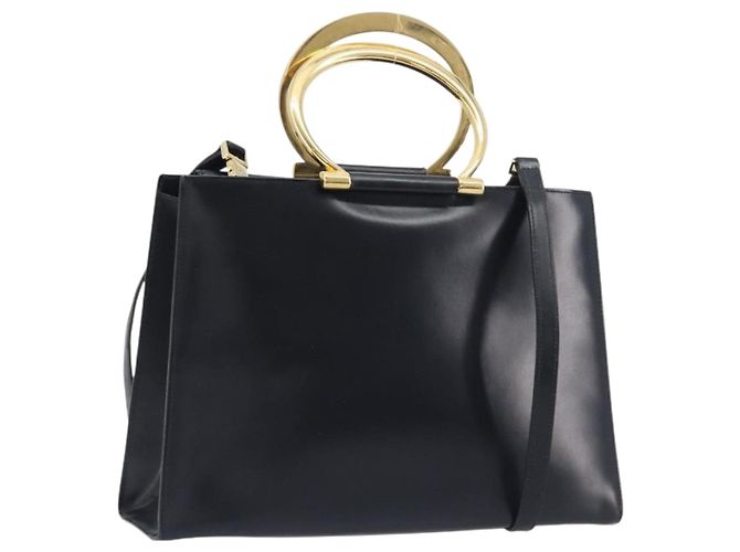 Céline Bolsa de mão CELINE em couro 2way Preta Dourada Auth 197456A Preto Dourado