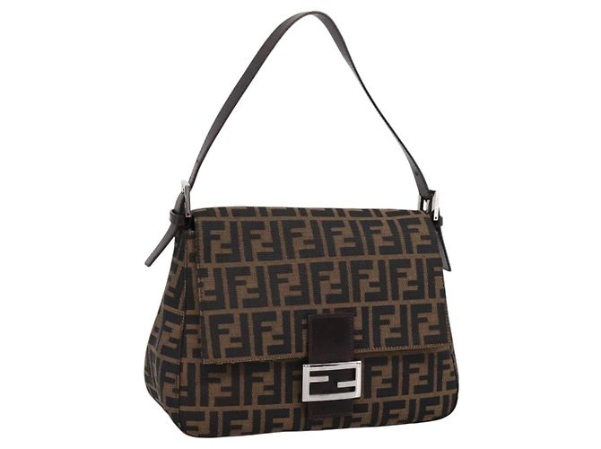 Borsa a tracolla FENDI Zucca Canvas Mamma Baguette Marrone Argento Auth BA15280V