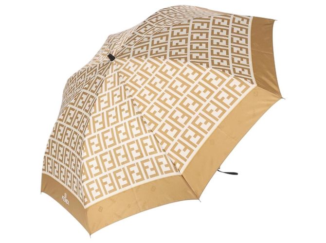 FENDI Zucca Canvas Folding Umbrella Beige Gold Auth 196709A Golden