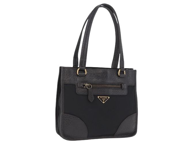Saco Tote PRADA Nylon Couro Preto Tom Dourado Auth am12459V
