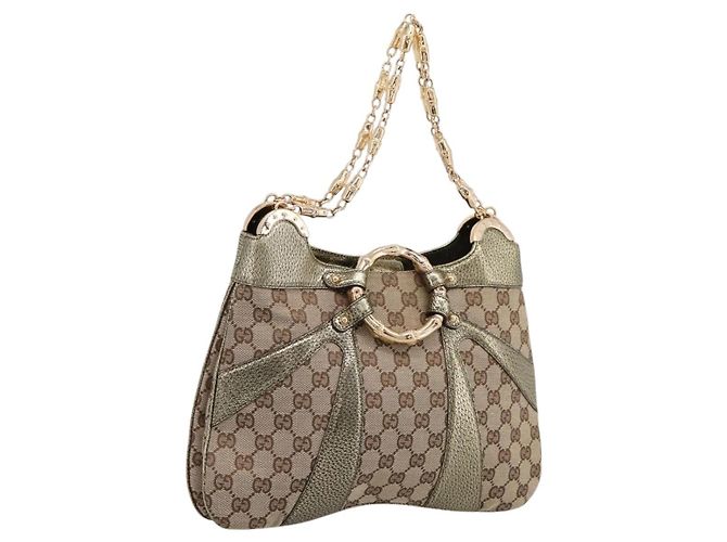 Bamboo Bolsa de Ombro GUCCI GG Canvas com Corrente de Bambu Bege Tom Dourado 135962 Auth yk20863SAM