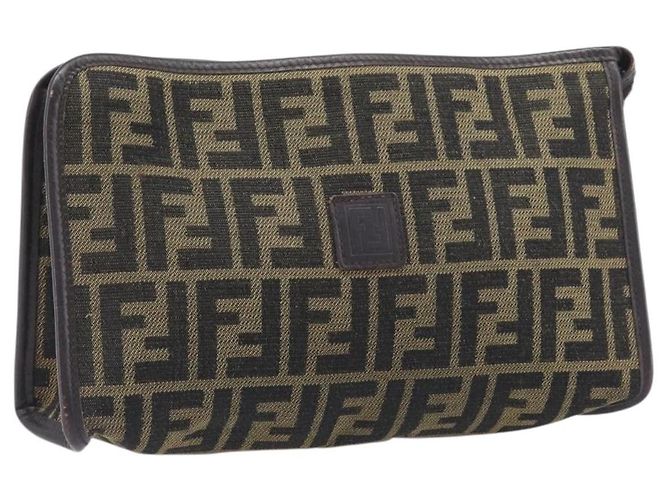 Borsa a pochette FENDI Zucca Canvas Nero e Marrone Auth 197770