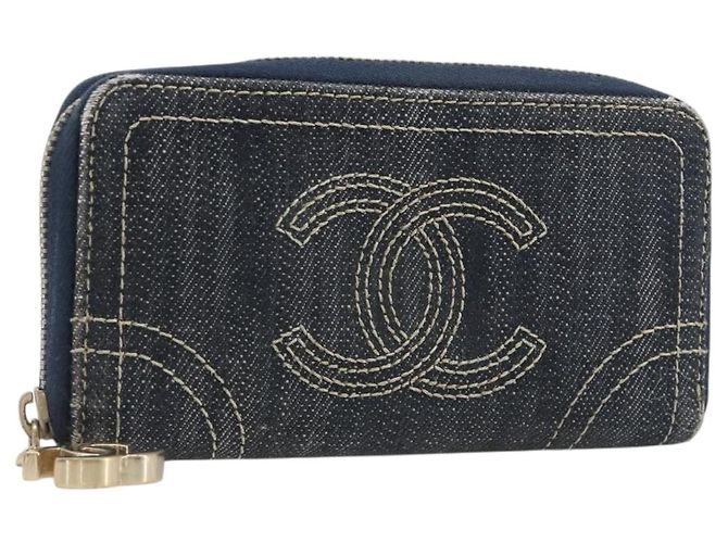 CHANEL COCO Mark Portamonete Denim Blue Gold CC Auth 196884A D'oro