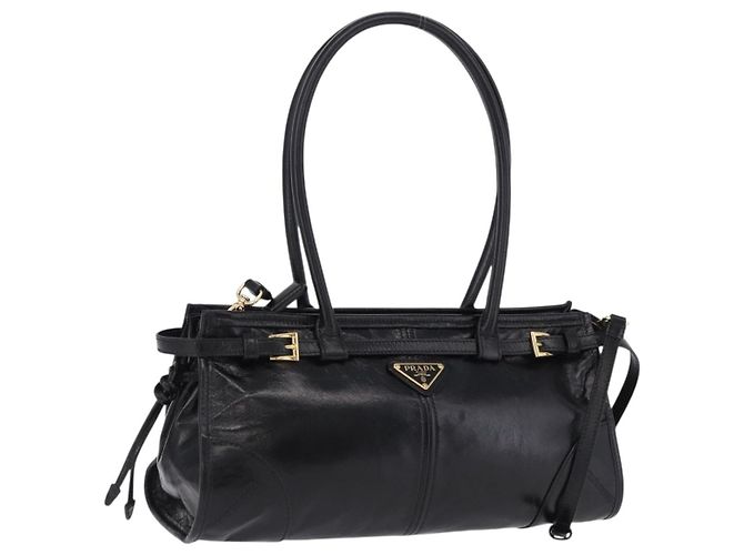Borsa PRADA Bonnie in pelle 2 vie Nero Oro Auth 197332SAM D'oro