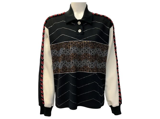 Chanel 2023 Schwarz / Elfenbein Woll-Top mit CC-Verzierungen