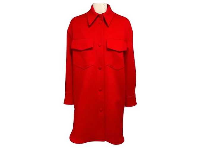 Stella Mc Cartney Stella McCartney Red Button Front Mid-Length Wool Coat