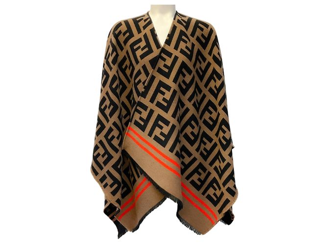 Fendi Black / Tan Zucca FF Monogram Wool Poncho Camel