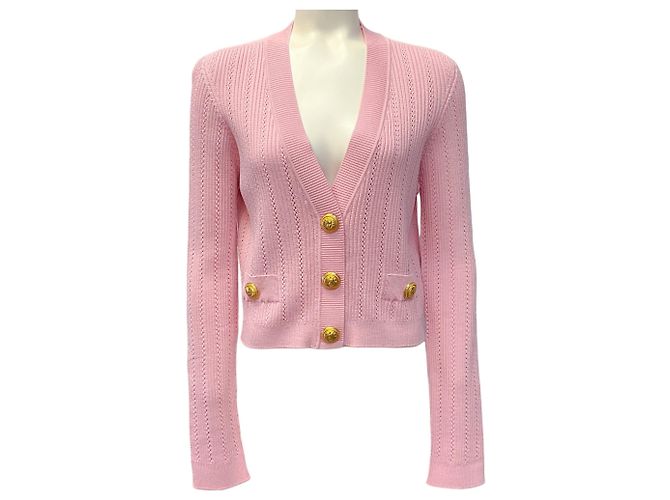 Cardigã Balmain de malha canelada rosa com decote em V e botões dourados