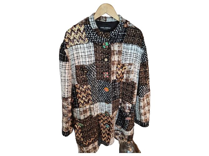 Giacca patchwork Dolce & Gabbana in tweed con paillettes e gioielli Marrone Nero Bianco Multicolore D'oro Metallico